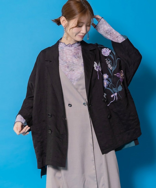 【is ScoLar イズ スカラー】561232 シアージャガード花蝶刺繍配色ジャケット アウター シック フェミニン 原宿系 個性的【パッパドゥドゥ】