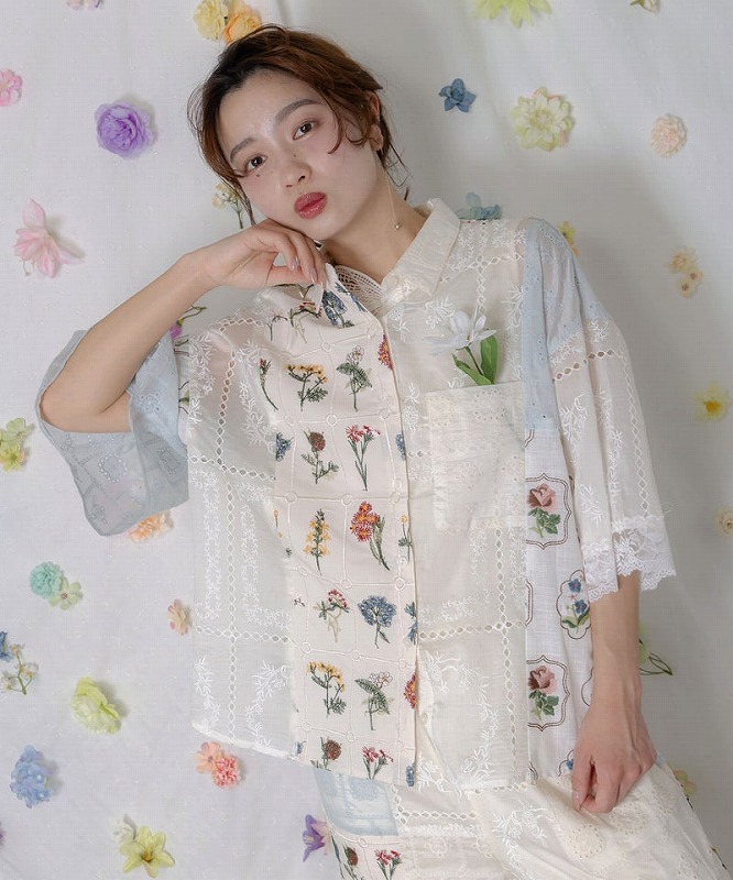 ★新作★【ScoLar スカラー】162601 花刺繍×コットンレース×シアー 異素材シャツ トップス カジュアル レトロ ガーリー 原宿系 個性的【パッパドゥドゥ】