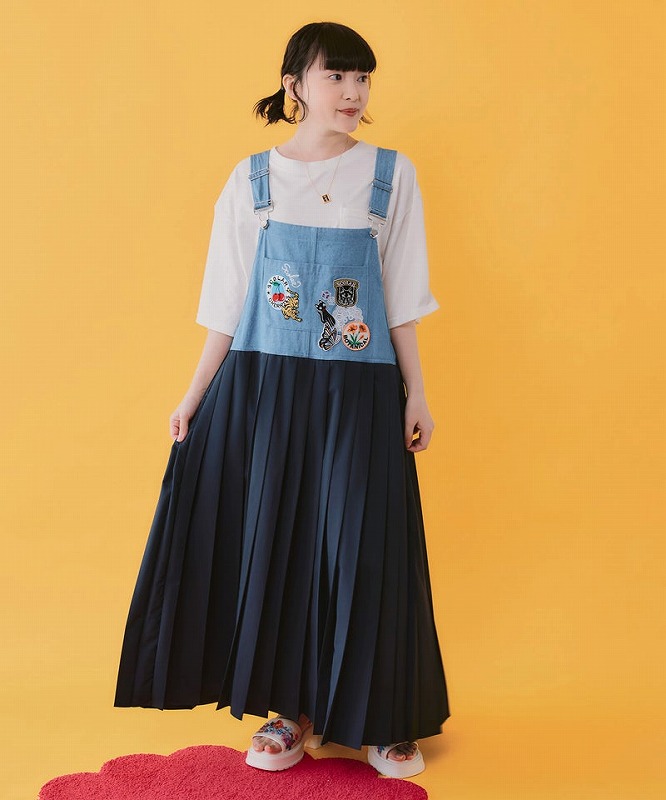 【ScoLar スカラー】162653 アメリカン風刺しゅう ジーンズ×プリーツジャンスカ ボトムス 心地よい レトロ ガーリー 原宿系 自己同一性的【パッパドゥドゥ】