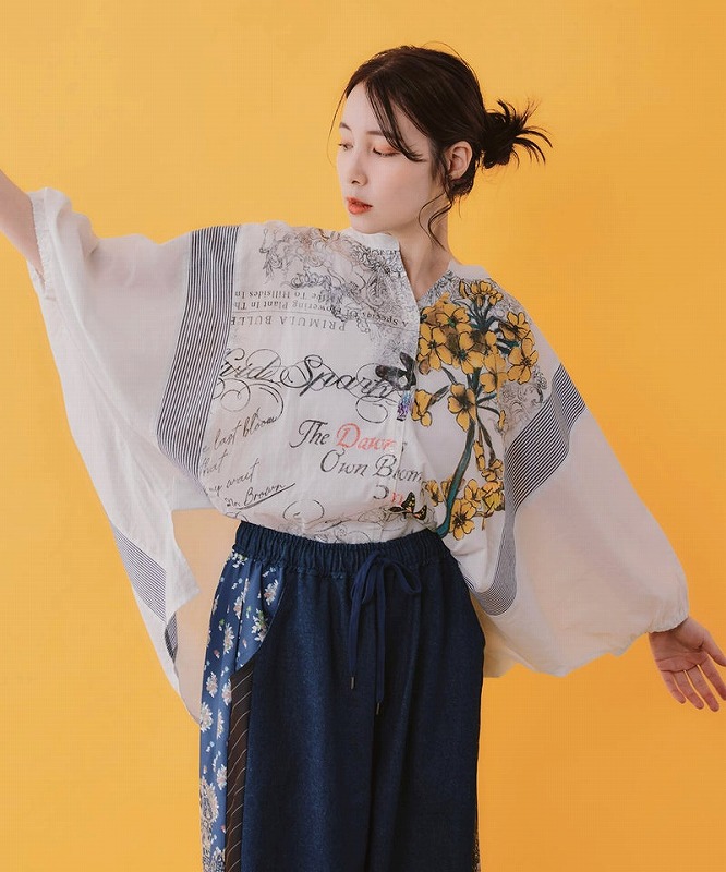 ★SALE★【is ScoLar イズ スカラー】562230 お花柄 ストライプ入り素材切替シャツ トップス カジュアル フェミニン 原宿系 個性的【パッパドゥドゥ】｜PappaDuduu