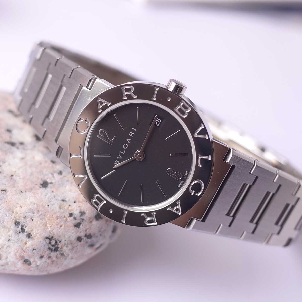 箱保 BVLGARI ブルガリブルガリ BB26SS 黒文字盤 ギョーシェ 両開きブレス レディース 石英 ウオッチ BVLGARI 仕上済1年引き請ける