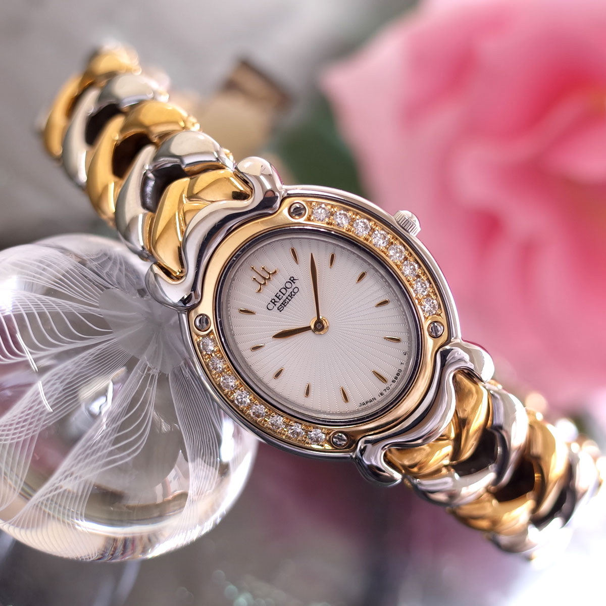 【新品電池/稼働】18KT/PG MOP/ピンクシェル クレドール セイコー時計 極美品】クレドール ピンクシェル 18P ダイヤ シグノ セイコー