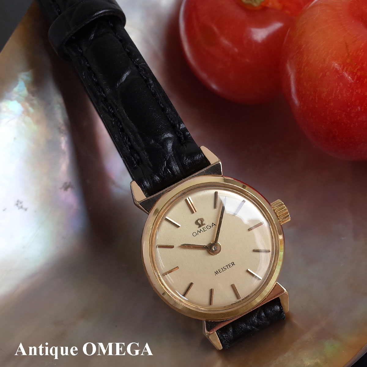 オメガ　純正　レザーバンド　17mm　　アンティーク OMEGA - 本物 極上品 オメガ 17mm幅 Ωマーク入り純正ゴールド