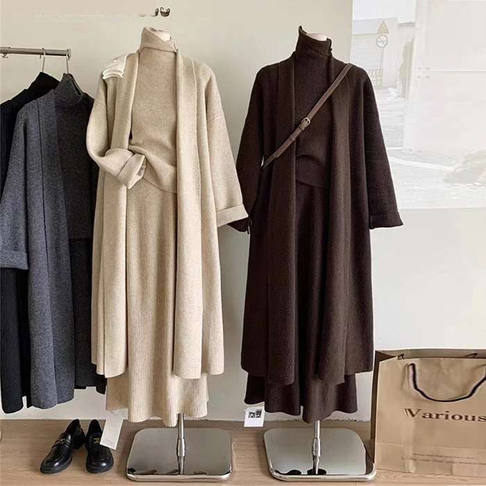 ニット3点セット ロングカーディガン+トップス+スカート ワンサイズ 大人スタイル 上品 送料無料|パリスマダム