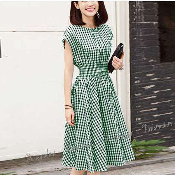 楽天市場 フレアワンピース 千鳥格子 ギンガムチェック グリーン ホワイト 通勤 お出掛け エレガンス 大きいサイズ有り ｓ 4ｘｌ クリックポストで送料無料 パリスマダム