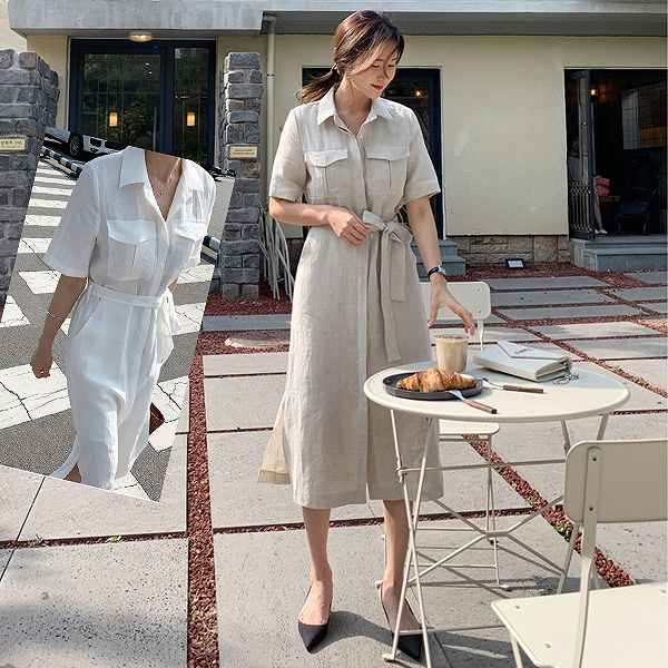 レディースファッション ワンピース 麻シャツワンピース ミモレ丈 半袖 ダブルポケット リネン スリット エレガンス りぼん 上品 大人 送料無料 最高品質の