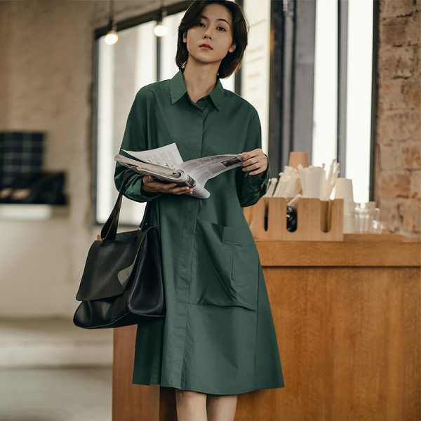 ランキングや新製品 ワンピース グリーンシャツワンピース デカポケットがポイント Aライン ゆったり ひざ下丈 長袖 上品 大人 送料無料 Www Ethiopianreporter Com