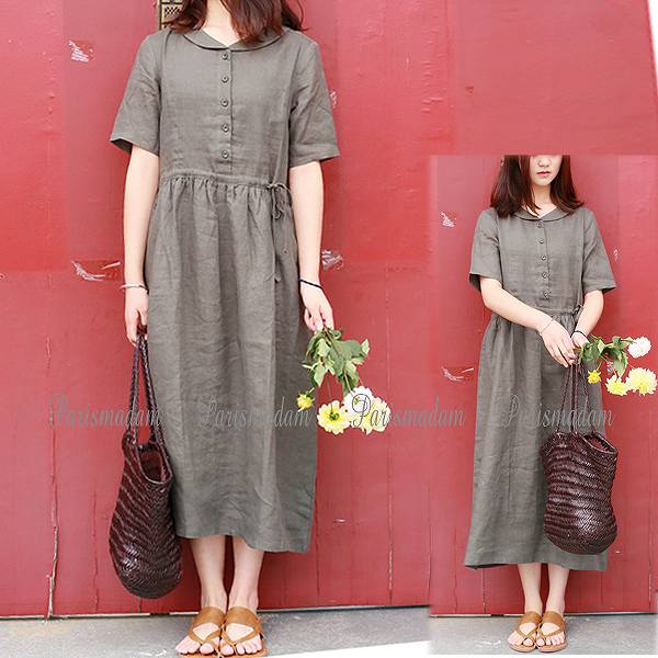 史上最も激安 フレアワンピース 麻のワンピース ラウンドカラー ブラウンカーキ リネン ミモレ丈 長袖 Parismadam大人 上品 宅送 Www Facisaune Edu Py