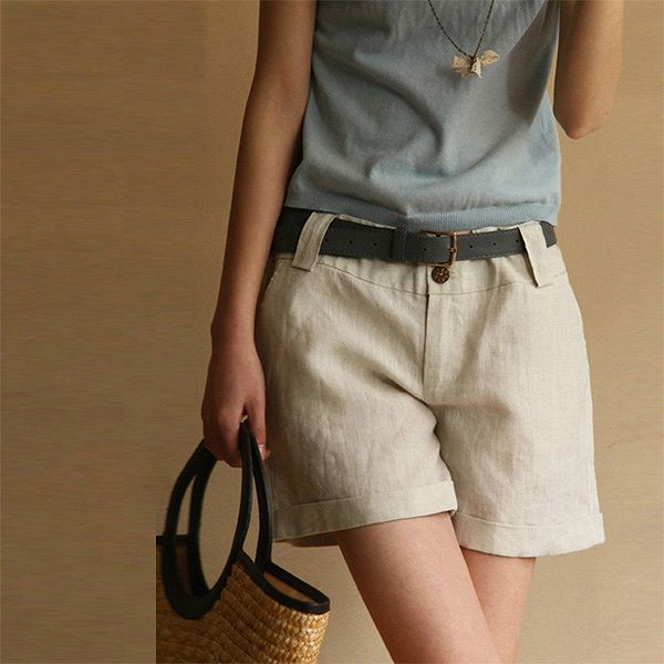 大人麻のショートパンツ/上品/シンプル/オフホワイト/ブラック　麻　リネン　【クリックポストで送料無料】
