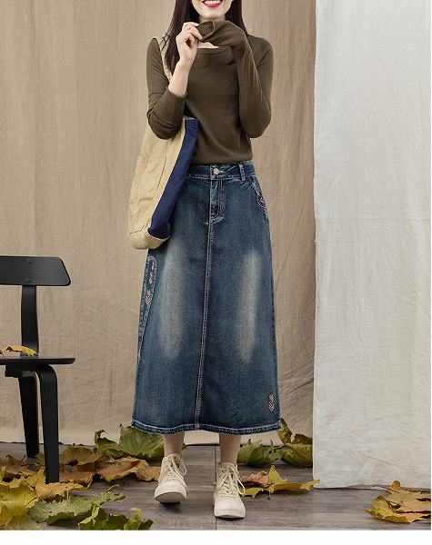 ポイント10倍 デニムロングスカート デニムスカート ミモレ丈 大人スタイル 刺繍 スリット 大きいサイズ有り ｓ ｘｘｘｌ 最適な価格 Escolasbarquinha Pt