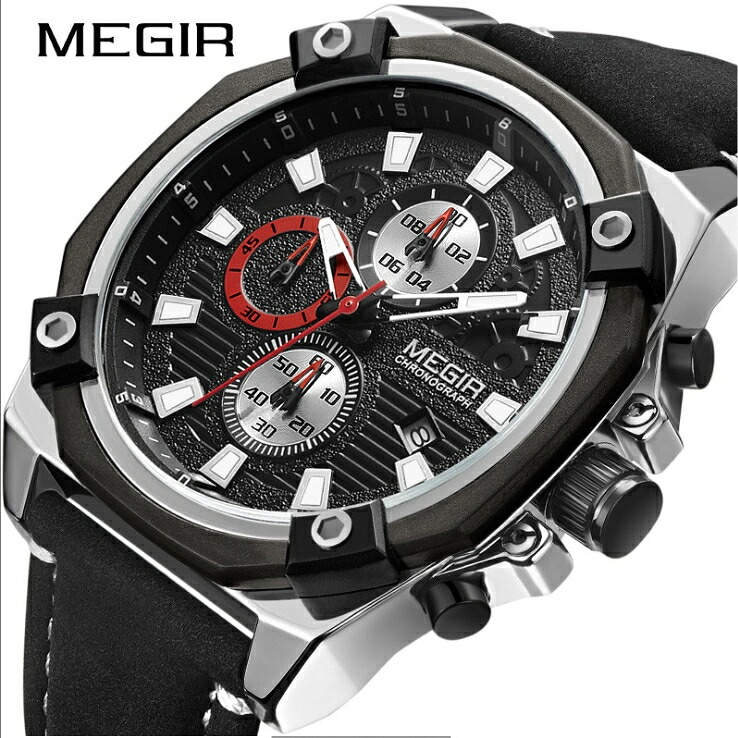 Megir 腕時計 時計 メンズ 男性用 カレンダー ビジネス スポーツ 多機能 クロノグラフ ストラップウォッチ 海外 欧米 人気モデル クォーツ 2054