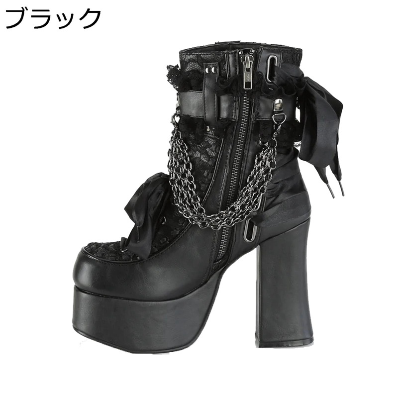 ショートブーツ レディース ハイヒール10cm チェイン付き リボン 暗黒系 吸血鬼 黒赤 レース 宮廷風 原宿風 大きいサイズ サイドジッパー 秋冬 パンク系 ゴシック ゴスロリ コスプレ 女装 仮装画像
