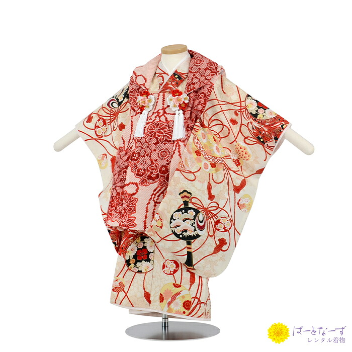 【七五三御嬢さん 厚地の外套仕掛ける賃借】薄桜色 疋田 花薬玉 サクラ色 白 御召しもの 三歳児  厚地の外套 うしろ帯  合切袋 髪飾りつけ 3歳 045【往復貨物輸送無料】【七五三賃借】【きもの賃借】【賃借和装】【厚地の外套賃借】