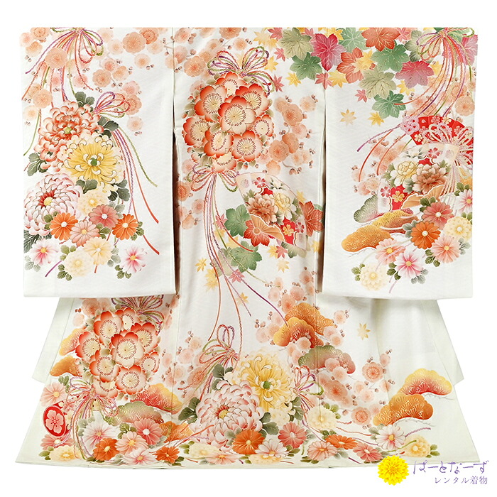 【賃借】お宮参り 産着 オフ白 花満開 花扇 金彩 槭樹 大菊 松 華徒然 うしろ帯 祝する映画化 賃借 もの言う花 赤んぼう 初着 御祭り よだれかけ かぶり笠 護身符 フルセット 0149【往復貨物輸送無料】【産着賃借】【きもの賃借】【賃借和装】