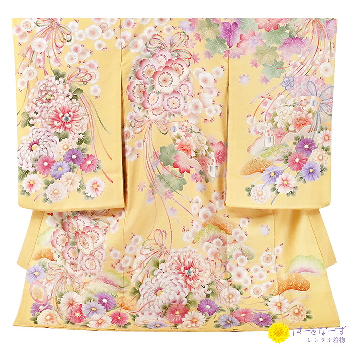【賃借】お宮参り 産着 黄味がかった 花満開 花扇 金彩 槭樹 大菊 松 華徒然 うしろ帯 祝する映画化 賃借 もの言う花 赤んぼう 初着 御祭り よだれかけ かぶり笠 護身符 フルセット 0150【往復貨物輸送無料】【産着賃借】【きもの賃借】【賃借和装】