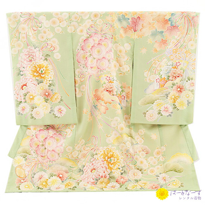【賃借】お宮参り 産着 ピスタチオカラー 花満開 花扇 金彩 槭樹 大菊 松 華徒然 ヒワ色 うしろ帯 祝する映画化 賃借 もの言う花 赤んぼう 初着 御祭り よだれかけ かぶり笠 護身符 フルセット 0151【往復貨物輸送無料】【産着賃借】【きもの賃借】【賃借和装】