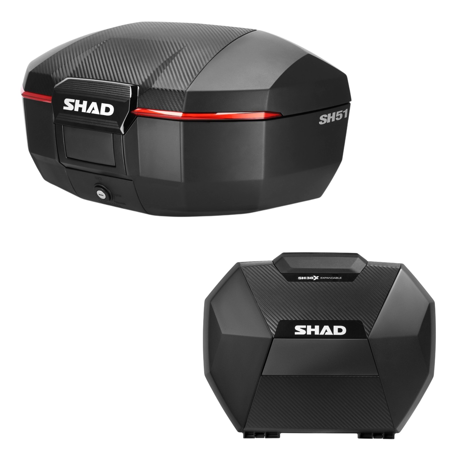 SHAD(シャッド) 【セット品】SH51 トップケース+SH38X サイドケース ブラック カーボン フルパニアセット バイク トップケース・リアボックス|パーツダイレクト店