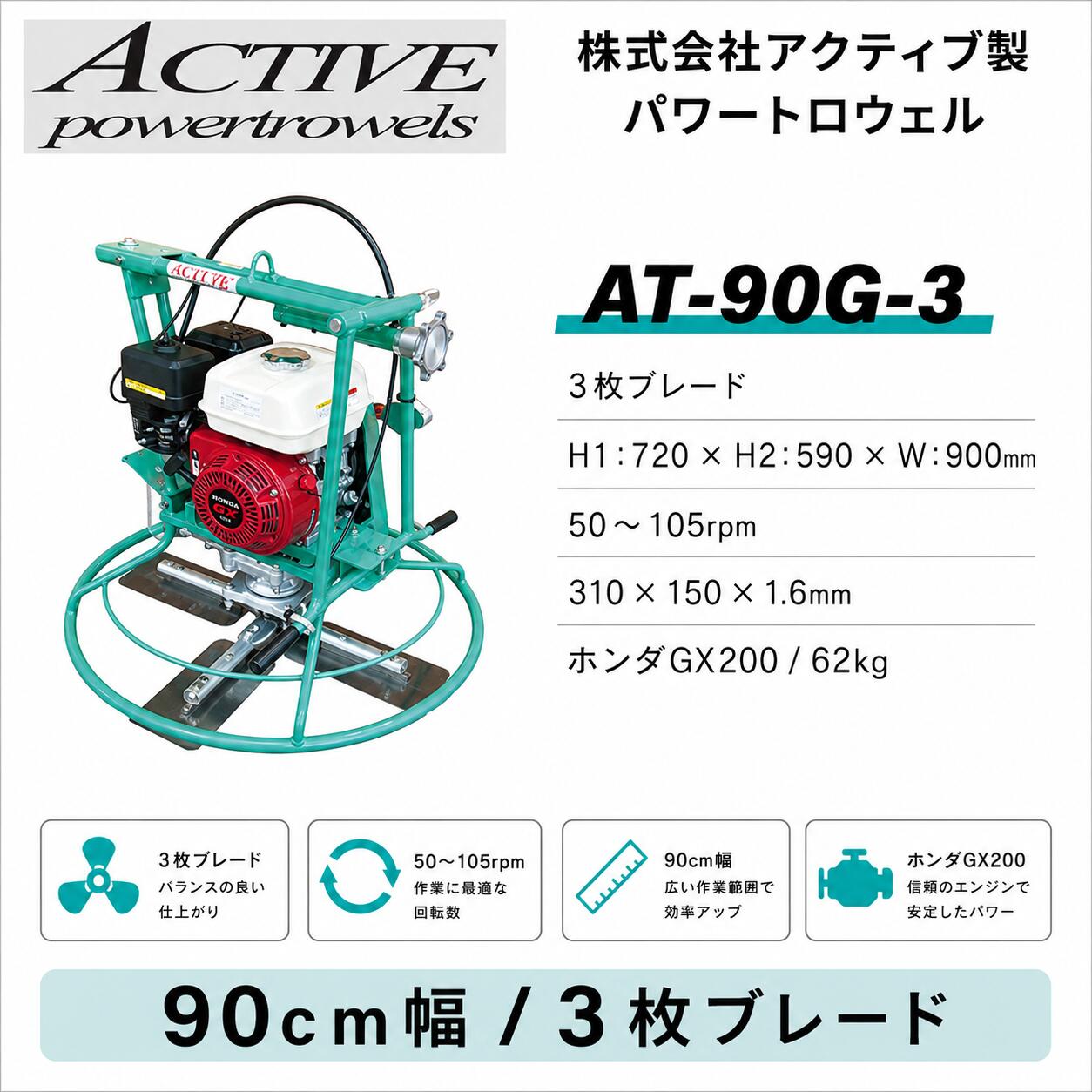 アクティブ パワートロウェル AT-90G-3 三枚羽 75cm 土間コンクリート仕上げ機｜パーツウエアハウス 182,450円