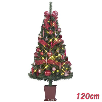 クリスマスツリー 120cmセットツリー モーブ 四角ポット付 LEDライト付き 東京ローソク製造 クリスマスツリー サイズ別 91~120cm オーナメント付き 四角ポット付き｜パーティワールド