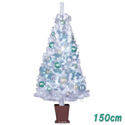 クリスマスツリー 150cmセットツリー パニエ 四角ポット付 LEDライト付き 東京ローソク製造 クリスマスツリー サイズ別 121~150cm オーナメント付き 安定感のある四角ポット｜パーティワールド
