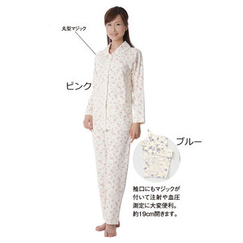 【取寄品】 らくらくパジャマ 婦人用花柄 L ピンクLサイズ 衣類(肌着 ねまき 靴下 サポーター) 丸型マジック 注射や血圧測定に便利