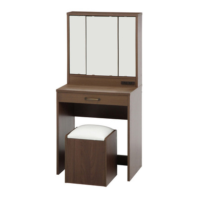 【取寄品】【直送品】 ドレッサー(三面鏡) スツール付き ミディアムブラウン 不二貿易 家具 収納スペース 2口コンセント