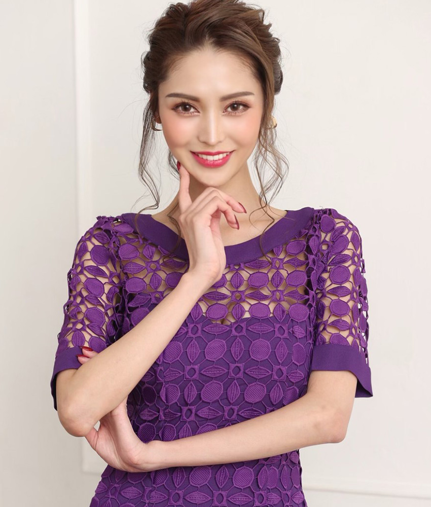 楽天ランキング1位 韓国製 交換無料 総刺繍 レース シンプル 半袖 タイト ミディアムドレス ワンピース スナック ラウンジ 大人 人気 きれいめ パーティーズ 30代 40代 カクテルドレス 高級クラブ リンファーレ あす楽 送料無料 Myju S M L ベージュ パープル 紫 Agam