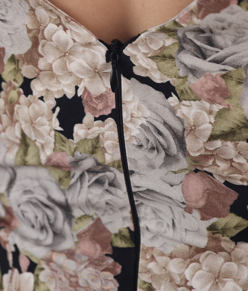 韓国製 交換無料 大人系 ダスティカラー 花柄 プリント ハートカット ノースリーブ タイト ミディアムドレス ワンピース リンファーレ 黒 ピンク S M L 高級クラブ かわいい 大人 30代 40代 送料無料 あす楽 septicin Com