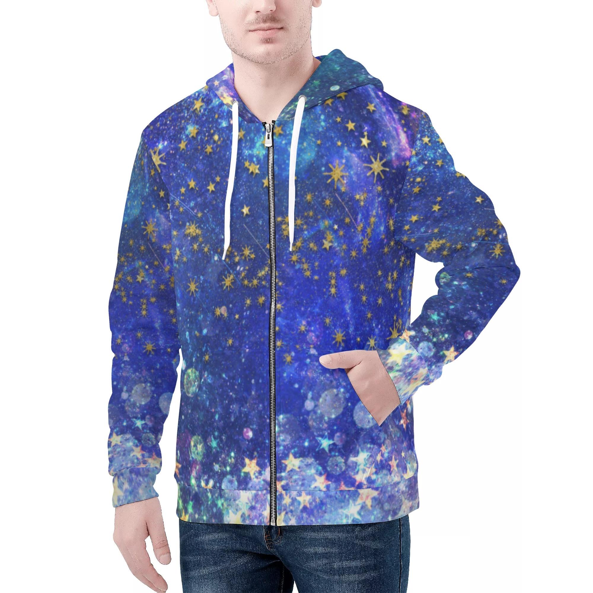 【直送品 同梱不可品】 星舞夜(メンズジップアップフードパーカー) メンズジップアップフードパーカー メンズ 美術 青み 青 空 流星物質 好いたらしい 星 全ての存在 幻覚的 謂われ因縁 はやりっ子 舞う 願望すること
