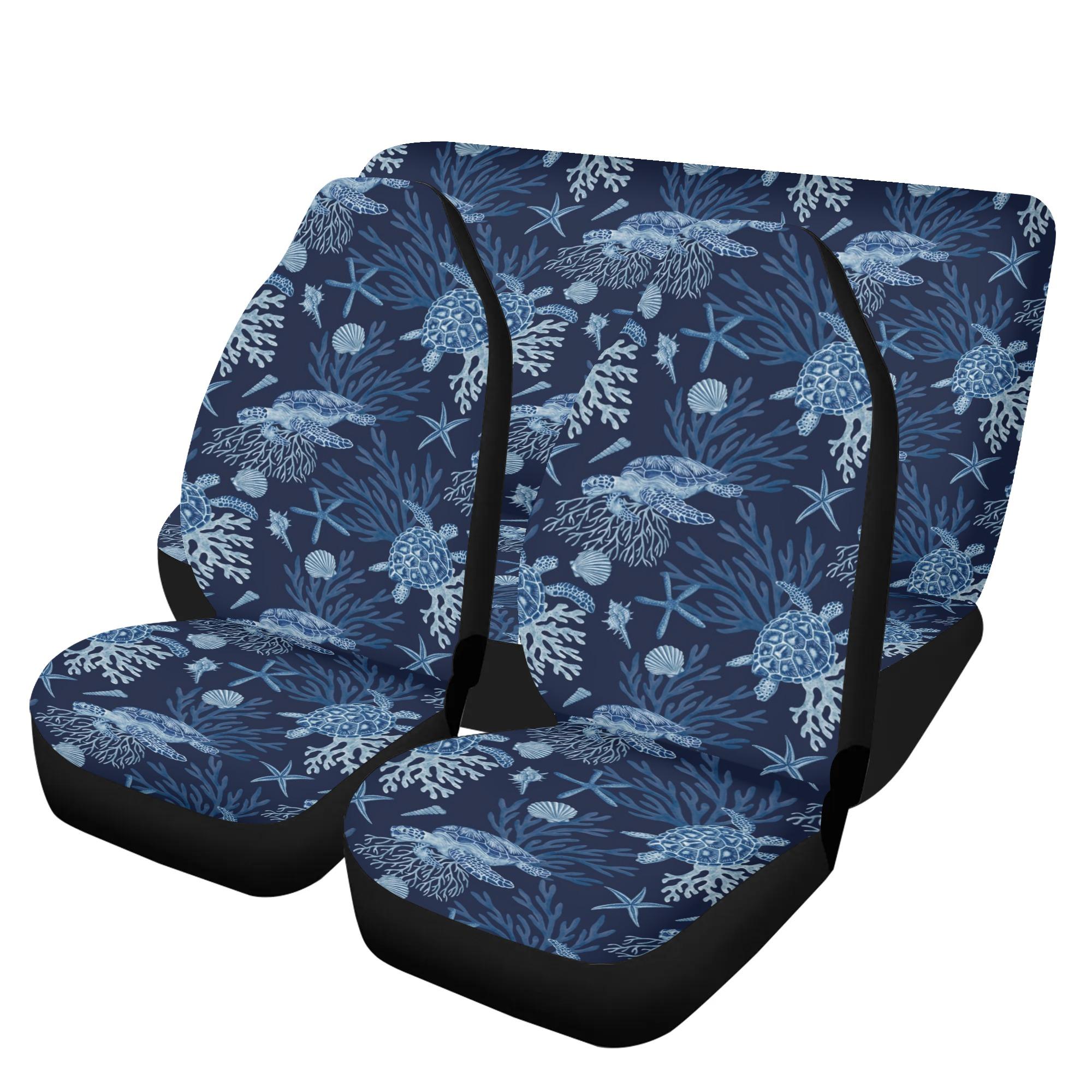 【直送品 同梱不可品】 ウミガメ柄／ネイビー(カーシートカバーセット) カーシートカバーセット ユニセックス ホームデコレーション 動物 アート かわいい パターン おしゃれ 海 貝 柄