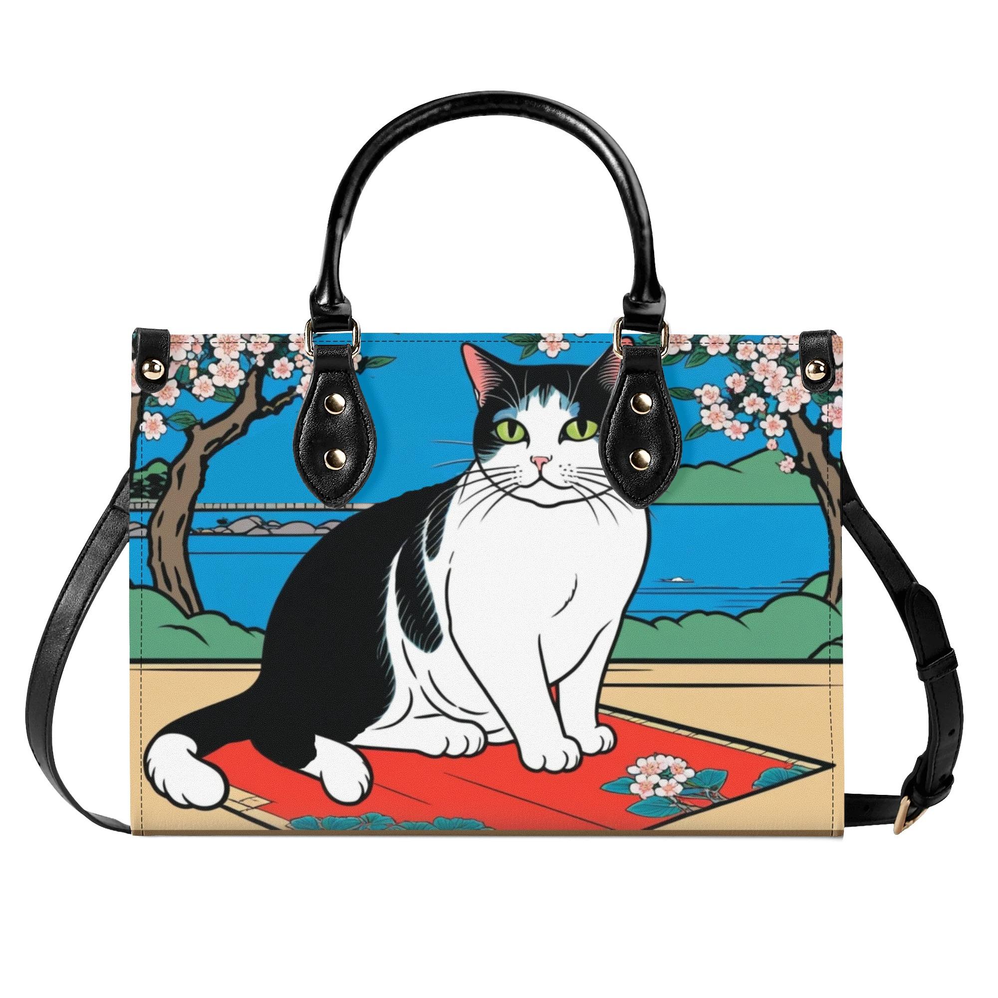 【直送品 同梱不可品】 モノクローム猫と梅の花 - 花札風作物(本革ハンドバック) 本革ハンドバック レディース 御徒面子 毛の荒物 猫 差し上げ物 差し上げ物 普段使い走り leojiro24 【返品とり止める不可品】