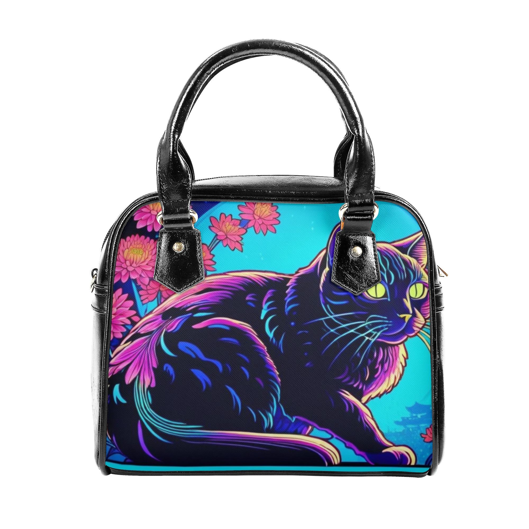 【直送品 同梱不可品】 月の猫 ? シアン色の満月の下のネオンカラーの黒猫(2WAYショルダーバッグ) 2WAYショルダーバッグ レディース バッグ 動物 猫 ギフト 贈り物 普段使い leojiro24