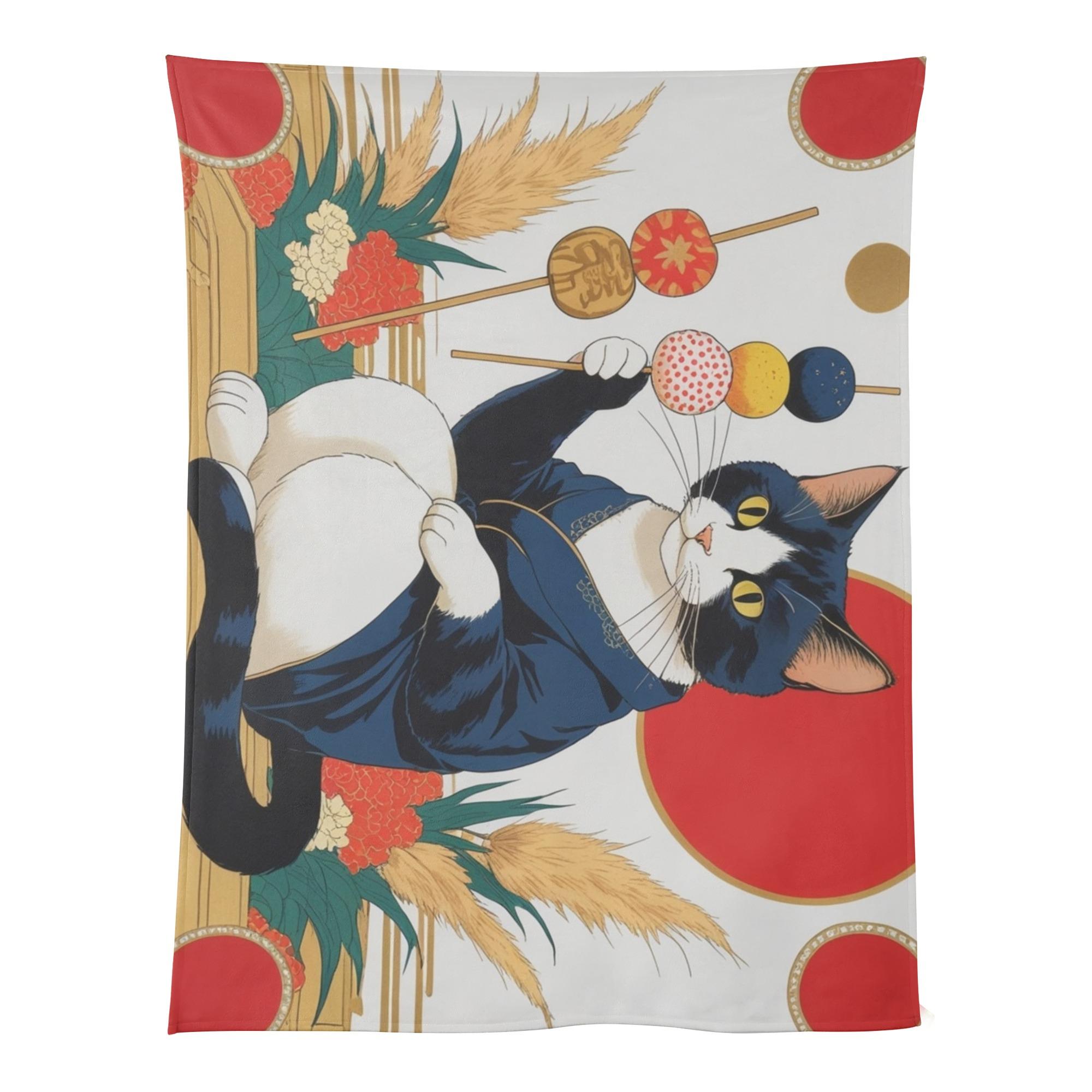 【直送品 同梱不可品】 縁起物だんご猫 - 日本の正月花札風(ベビーブランケット) ベビーブランケット ユニセックス ホームデコレーション 動物 猫 ギフト 贈り物 普段使い leojiro24