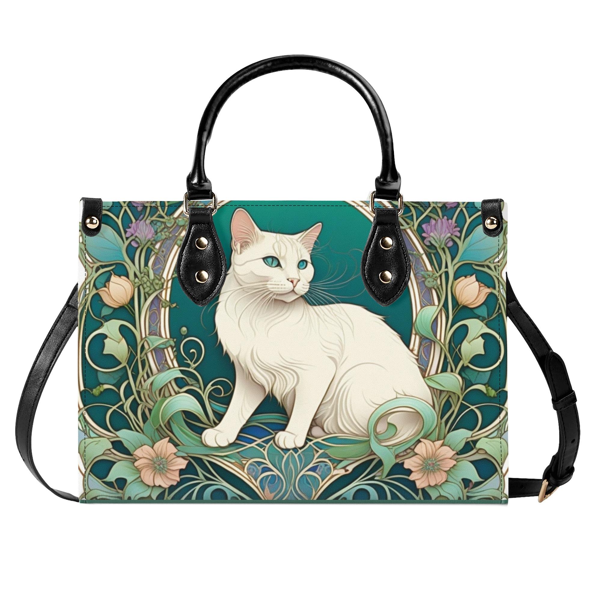 【直送品 同梱不可品】 アールヌーボー様式の花柄模様の白猫(本革ハンドバッグ) 本革ハンドバッグ レディース バッグ 動物 猫 ギフト 贈り物 普段使い アールヌーヴォー leojiro24