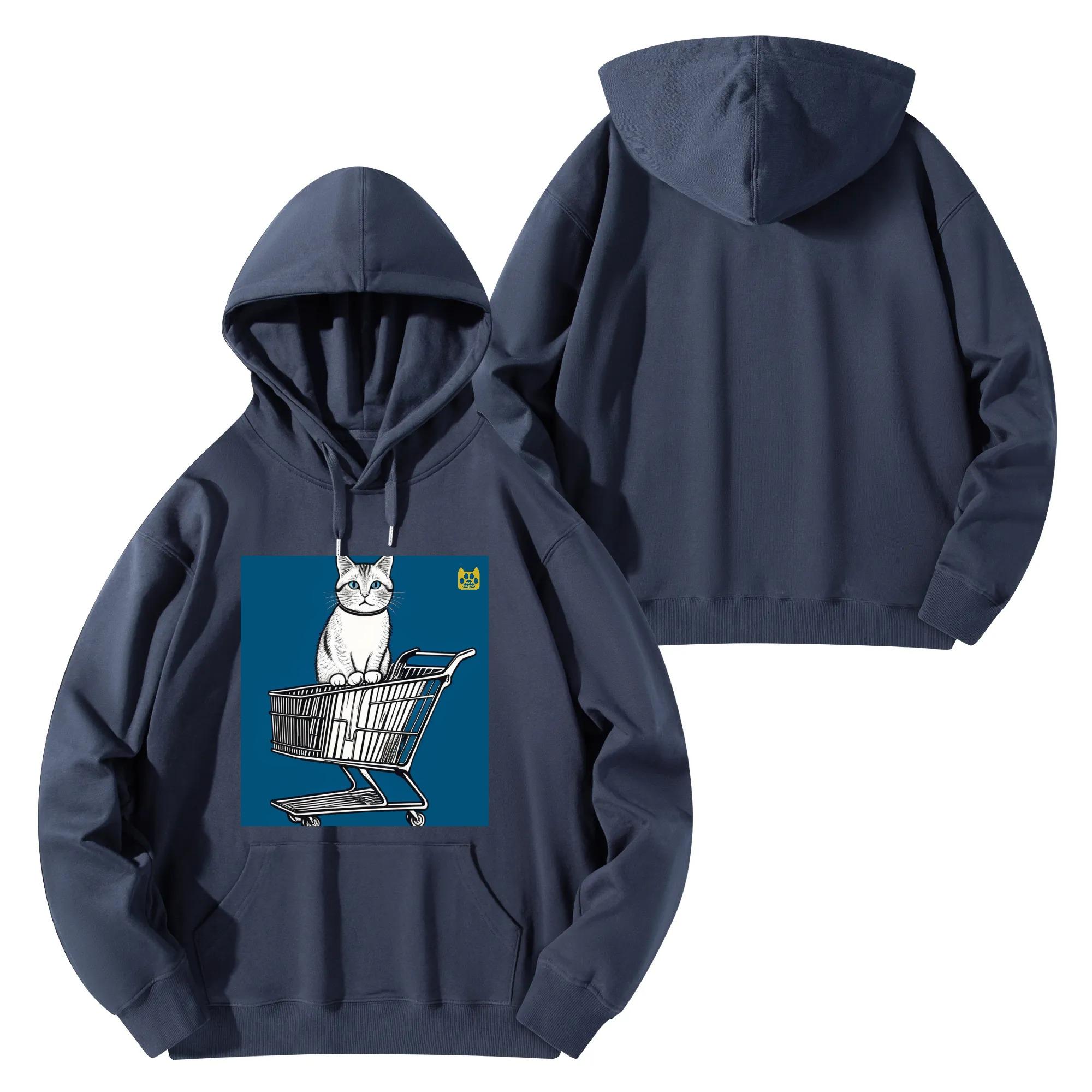 【直送品 同梱不可品】 ショッピングカートに乗った青い目の猫 ? ミニマルポップデザイン front print(コットンパーカー) コットンパーカー ユニセックス レディース メンズ 動物 猫