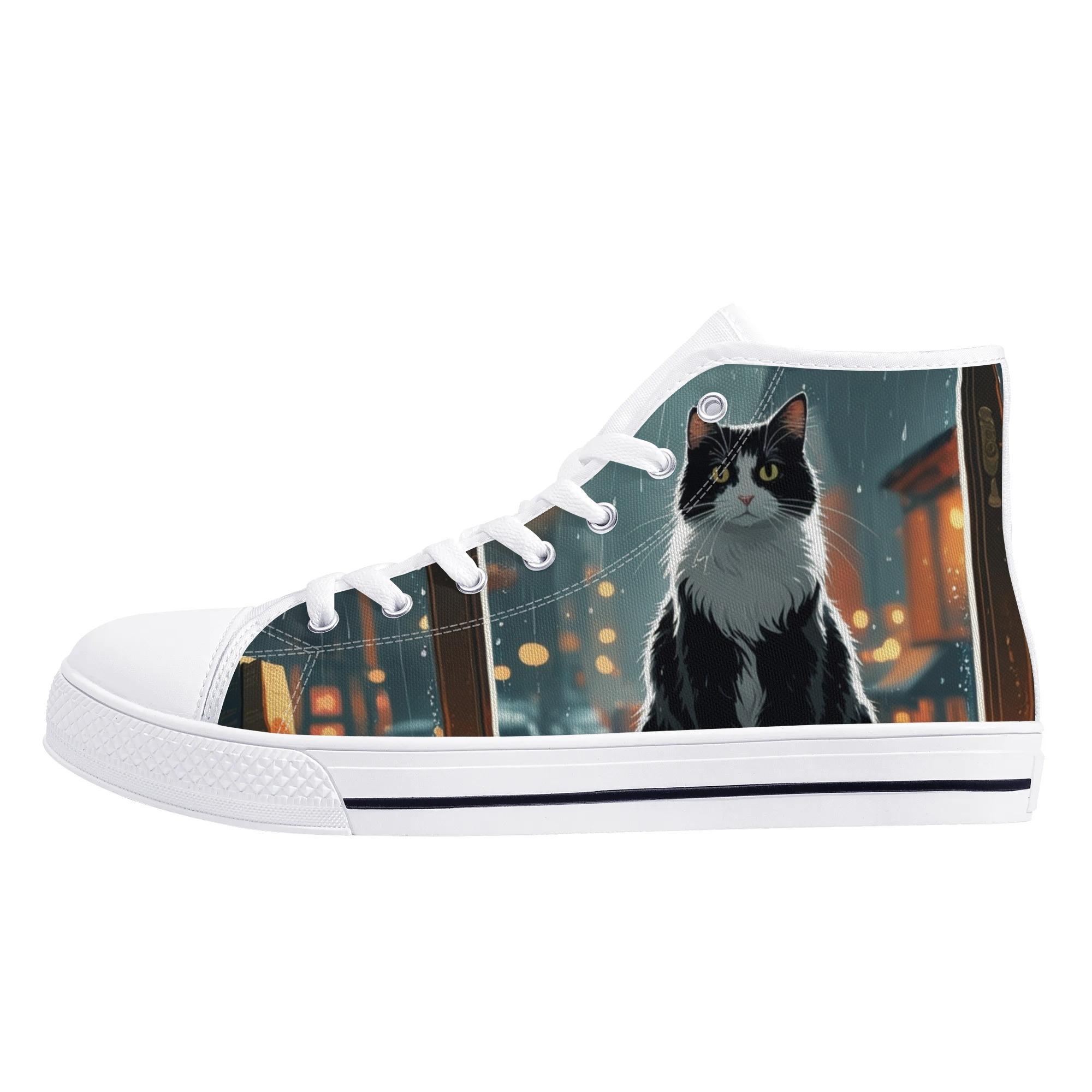 【直送品 同梱不可品】 雨の窓辺の猫 ? あなたを振り返って(ハイカットスニーカー) ハイカットスニーカー メンズ レディース シューズ 動物 猫 ギフト 贈り物 スニーカー 普段使い 白黒猫