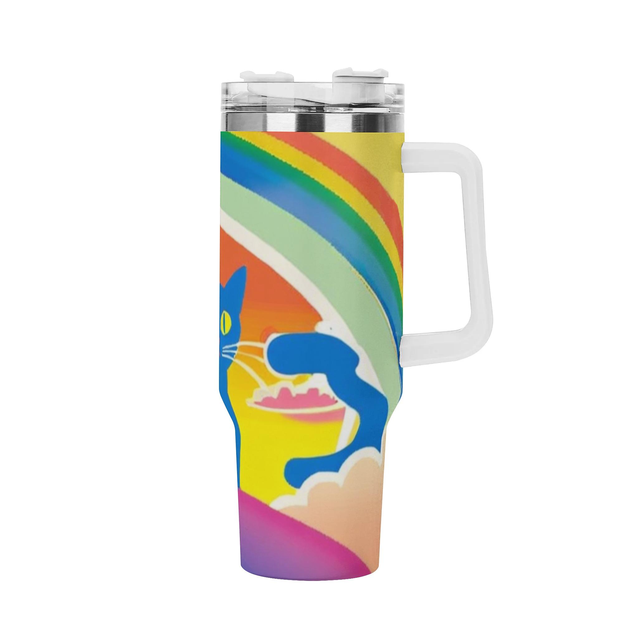 【直送品 同梱不可品】 Rainbow Sunrise Cat – 青い猫と夢の朝焼け(取っ手付きタンブラー) 取っ手付きタンブラー ユニセックス アクセサリー 動物 猫 ギフト 贈り物 普段使い タンブラー leojiro24画像