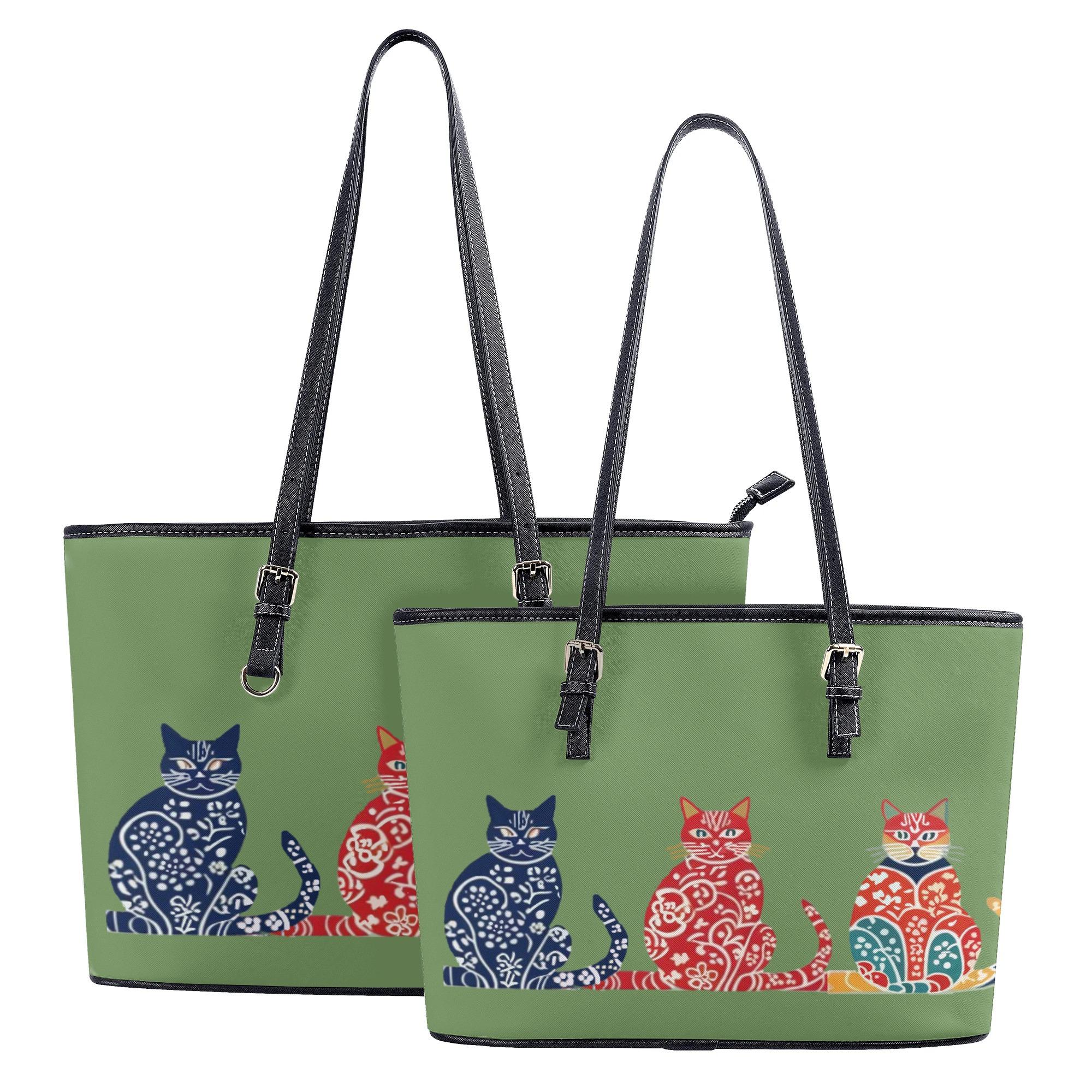 【直送品 同梱不可品】 カラフルな和柄猫のトリオ(レザートートバッグ) レザートートバッグ レディース バッグ 動物 猫 ギフト 贈り物 leojiro24 返品キャンセル不可品】