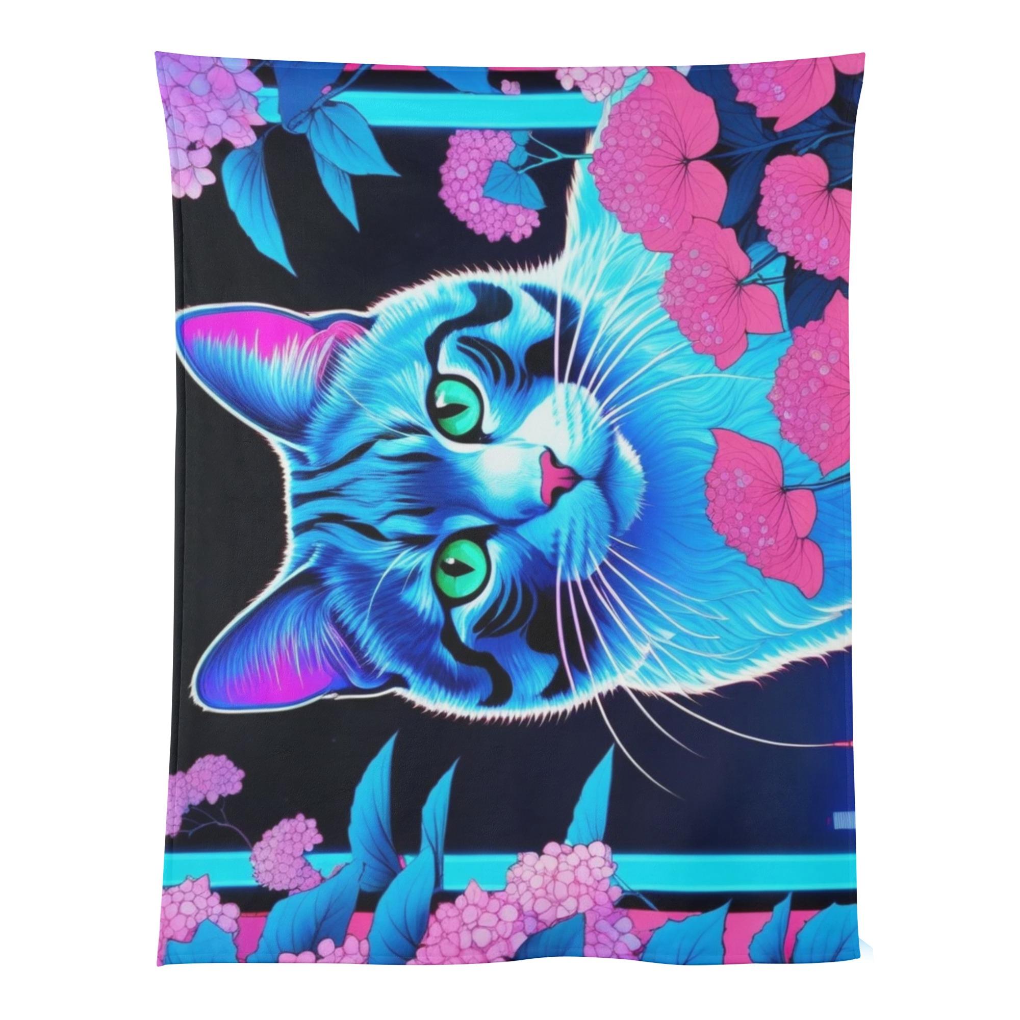 【直送品 同梱不可品】 真夜中の開花 ? 青い猫とピンクのアジサイ(ベビーブランケット) ベビーブランケット ユニセックス ホームデコレーション 動物 猫 ギフト 贈り物 普段使い leojiro24