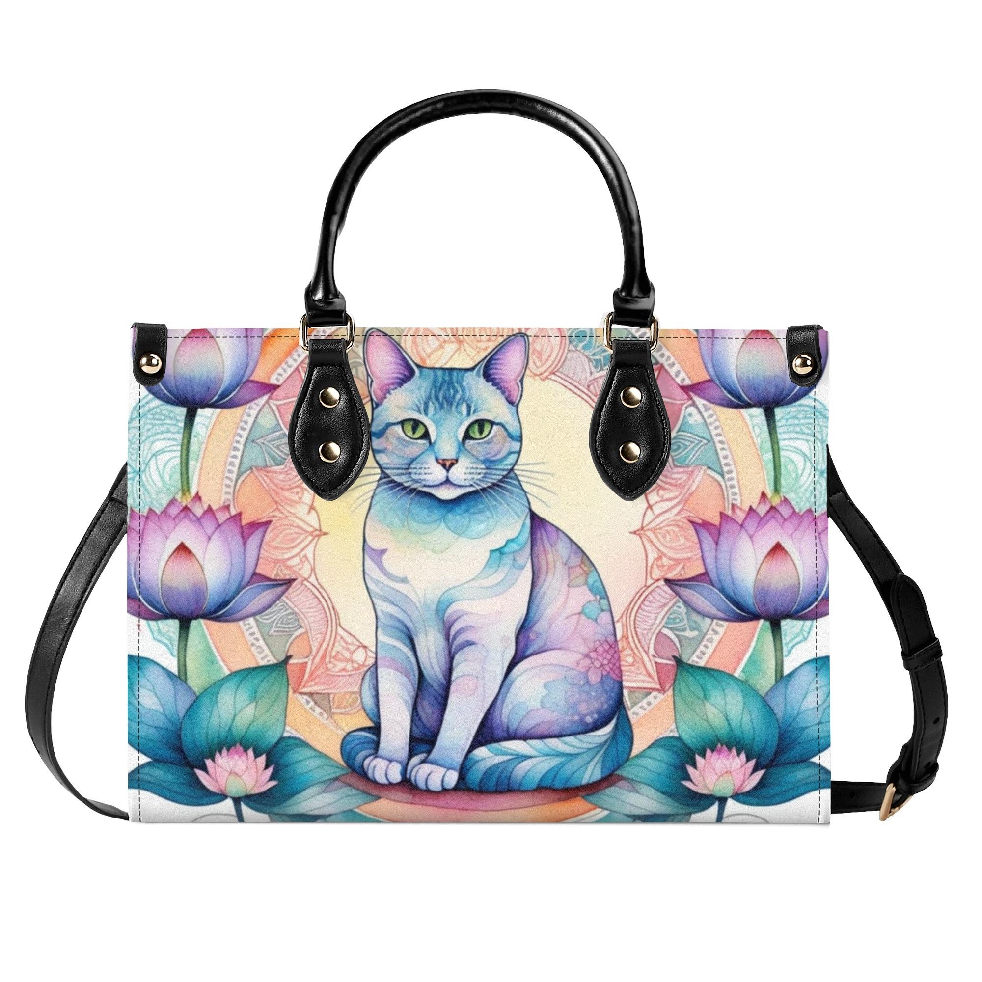 【直送品 同梱不可品】 紫と青の蓮の花を持つ奇々怪々的な猫(本革ハンドバック) 本革ハンドバック レディース 御徒面子 毛の荒物 猫 差し上げ物 差し上げ物 普段使い走り 蓮 leojiro24 返品とり止める不可品】