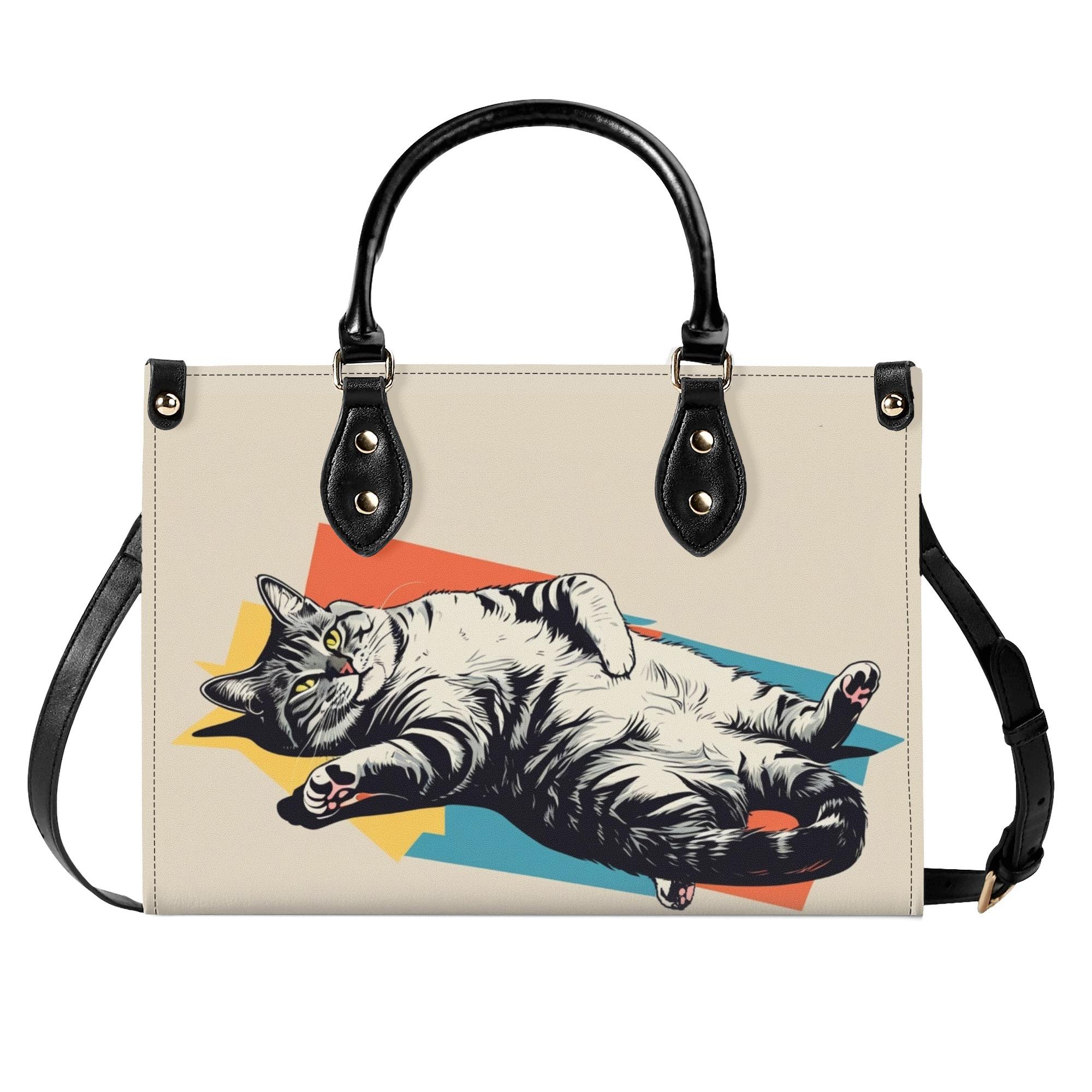 【直送品 同梱不可品】 怠け猫流行り物 - ポップアートのひと休み(本革ハンドバック) 本革ハンドバック レディース 御徒面子 毛の荒物 猫 差し上げ物 差し上げ物 普段使い走り leojiro24