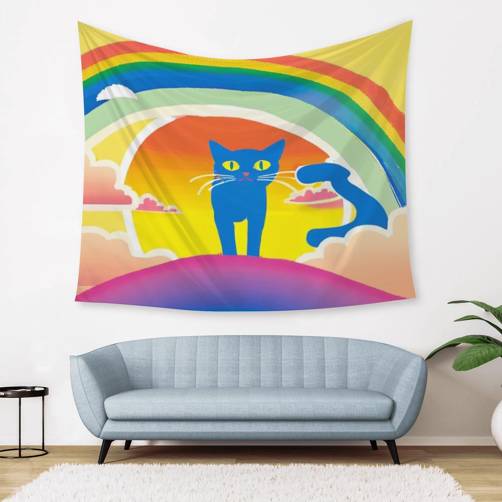 【直送品 同梱不可品】 Rainbow Sunrise Cat – 青い猫と夢の朝焼け(タペストリー) タペストリー ユニセックス ホームデコレーション 動物 猫 ねこ ギフト 贈り物 虹 レインボー 普段使い leojiro24画像