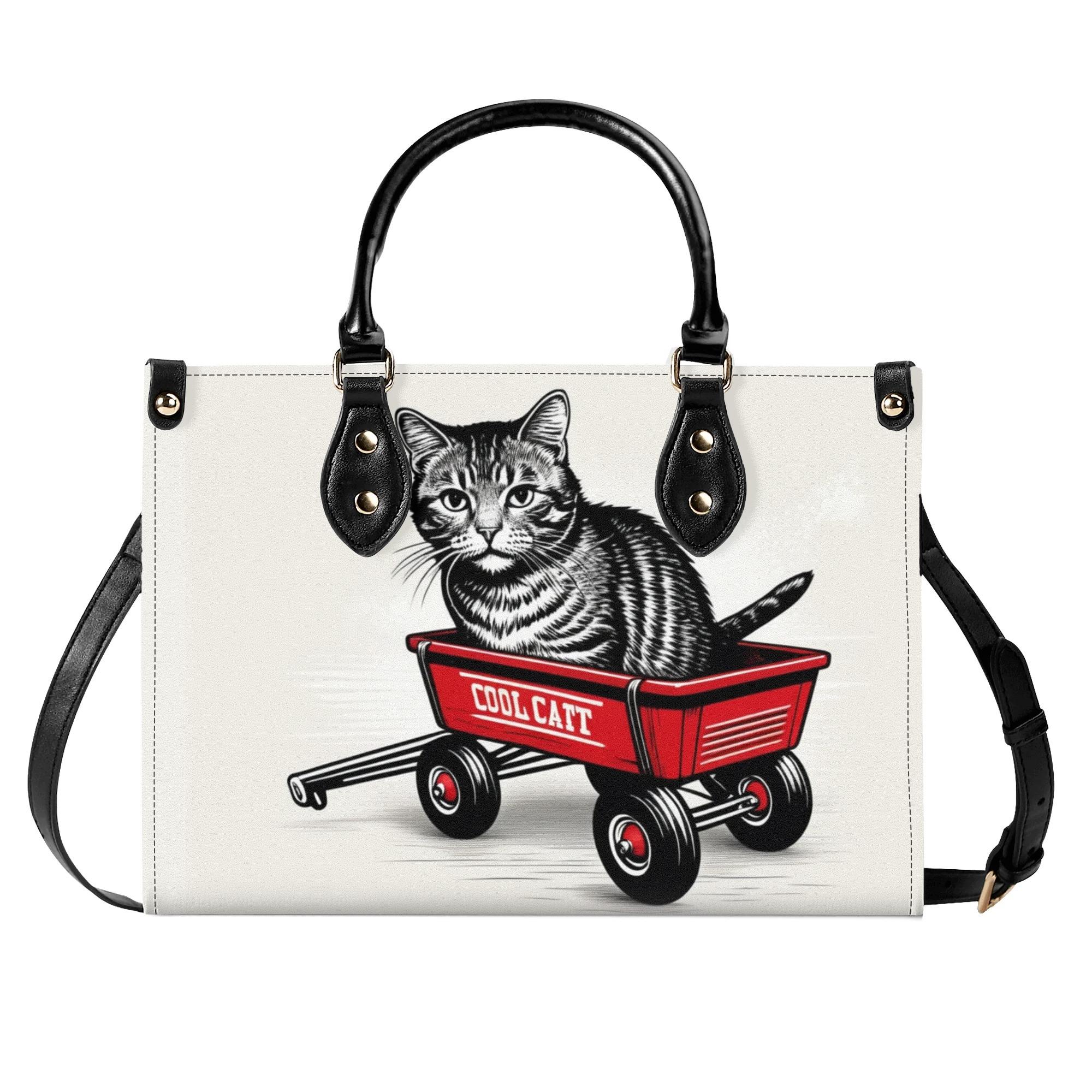 【直送品 同梱不可品】 赤いワゴンに乗ったクールな猫：バニラ(本革ハンドバッグ) 本革ハンドバッグ レディース バッグ 動物 猫 ギフト 贈り物 普段使い leojiro24 【受注作成品