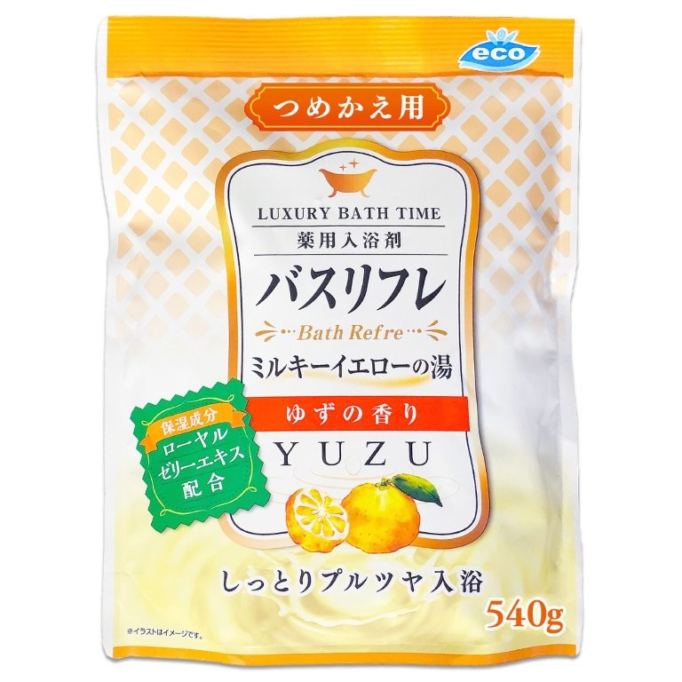 【直送品】【240個仕掛ける】【医薬品部外品】バスリフレ ミルキー黄色の湯 ゆずの芳ばしさ 薬用一風呂剤 つめかえ用 540gx240個仕掛ける 二階建てバス備品 一風呂剤 薬用