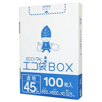 【直送品】エコ袋BOX　45L HK-480 透明 100枚×6小箱【お寄せ品、返品キャンセル不可。欠品終売時連絡あり】