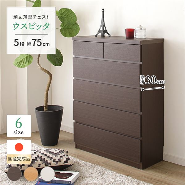 【直送品 離島不可】牢固たる薄型洋服箪笥/納める棚 【5段 幅75珊 暗然たる赤銅色肌理調 】 奥ふかさ30珊 日本製 『ウスピッタ』 【遣っ付ける品】 傾倒押しとどめる具付き添い人【とり止める不可】