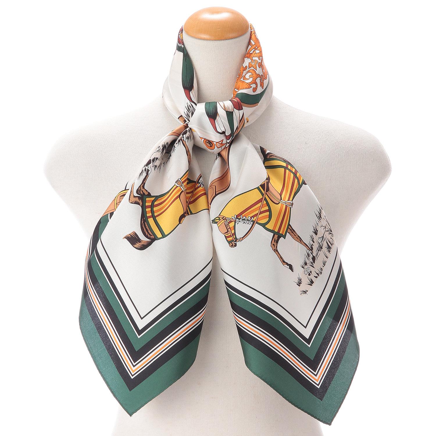 【直送品 北海道沖縄離島不可】日本製 シルク馬柄大判スカーフ 88×88 グリーン【返品キャンセル不可】