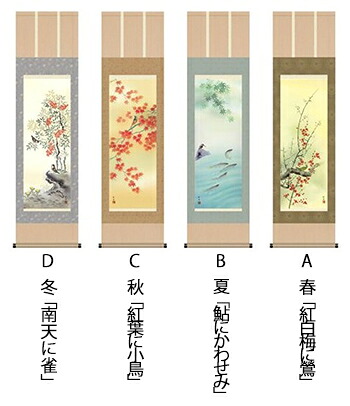 掛軸 「四季花鳥揃」 田村竹世筆 尺五四幅仕掛ける 画寸：31x101糎