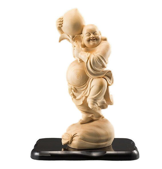 檜一木彫り 寿桃布袋尊【返品キャンセル不可品】檜一木彫り 寿桃布袋尊 天然檜 葉偉混作 インテリア 置物 プレゼント