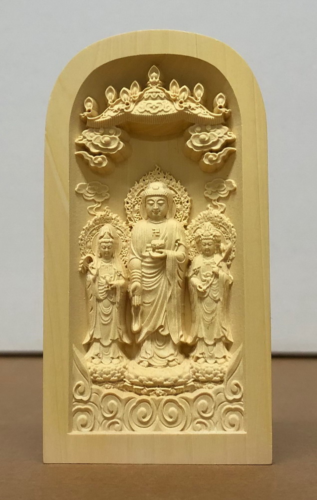黄楊一杢彫り 阿弥陀三尊【割引不可品】仏像 黄楊 天然木 彫刻 置物 開運祈願 縁起｜ヘルシー救急ＢＯＸ
